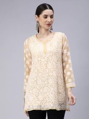 hand embroidered beige georgette lucknowi chikan kurti with slip 1