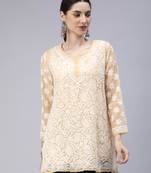 hand embroidered beige georgette lucknowi chikan kurti with slip