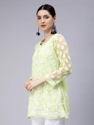 hand embroidered green georgette lucknowi chikan kurti with slip 3