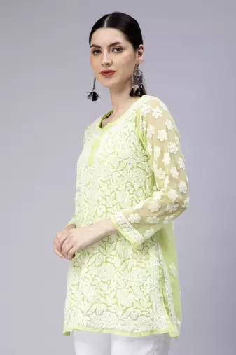 hand embroidered green georgette lucknowi chikan kurti with slip