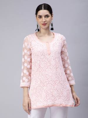 hand embroidered peach georgette lucknowi chikan kurti with slip 1
