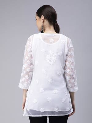 hand embroidered white georgette lucknowi chikan kurti with slip 2