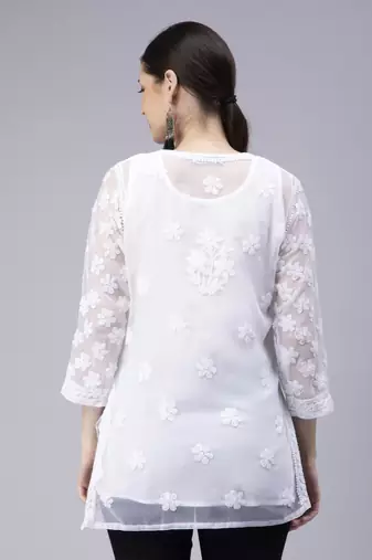 hand embroidered white georgette lucknowi chikan kurti with slip