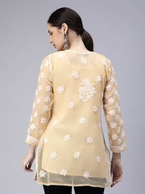 hand embroidered beige georgette lucknowi chikan kurti with slip 2