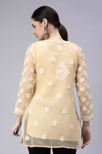 hand embroidered beige georgette lucknowi chikan kurti with slip