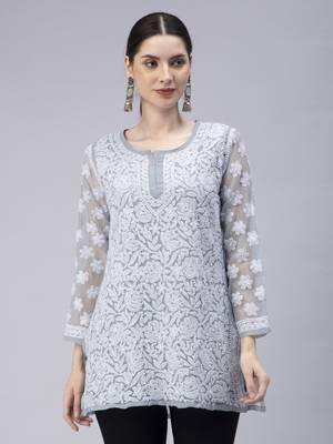 hand embroidered grey georgette lucknowi chikan kurti with slip 1