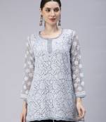 hand embroidered grey georgette lucknowi chikan kurti with slip