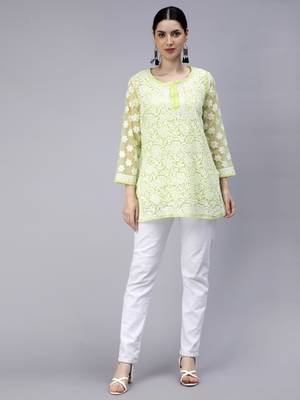 hand embroidered green georgette lucknowi chikan kurti with slip 4