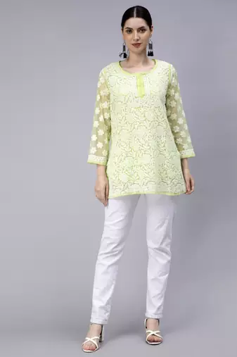 hand embroidered green georgette lucknowi chikan kurti with slip