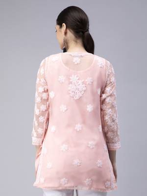 hand embroidered peach georgette lucknowi chikan kurti with slip 2