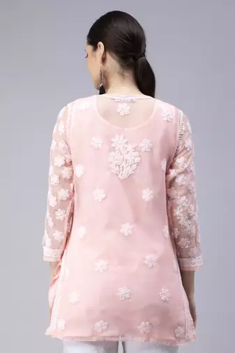 hand embroidered peach georgette lucknowi chikan kurti with slip