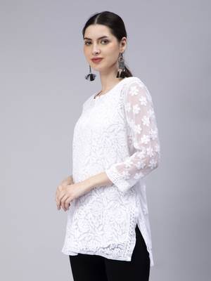 hand embroidered white georgette lucknowi chikan kurti with slip 3
