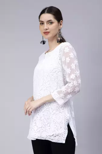 hand embroidered white georgette lucknowi chikan kurti with slip