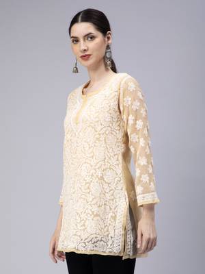 hand embroidered beige georgette lucknowi chikan kurti with slip 3