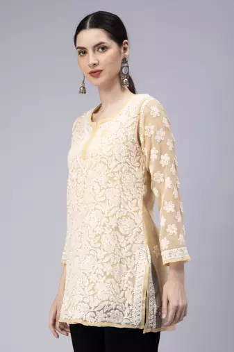 hand embroidered beige georgette lucknowi chikan kurti with slip