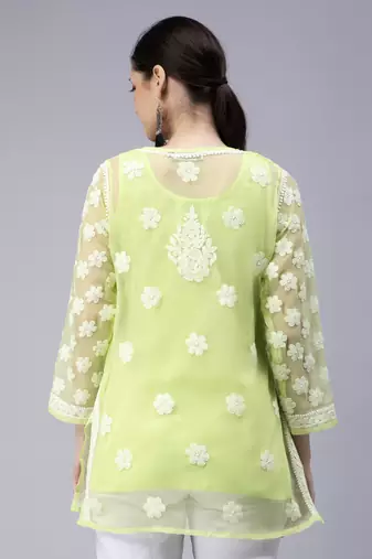 hand embroidered green georgette lucknowi chikan kurti with slip