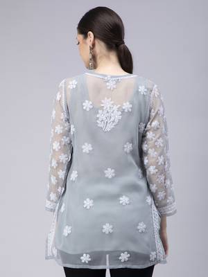 hand embroidered grey georgette lucknowi chikan kurti with slip 2