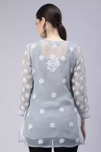 hand embroidered grey georgette lucknowi chikan kurti with slip