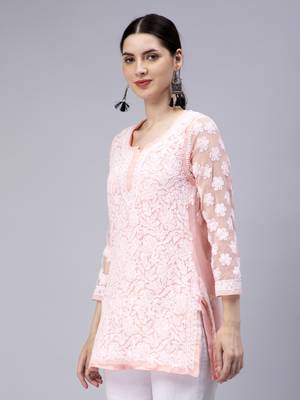 hand embroidered peach georgette lucknowi chikan kurti with slip 3