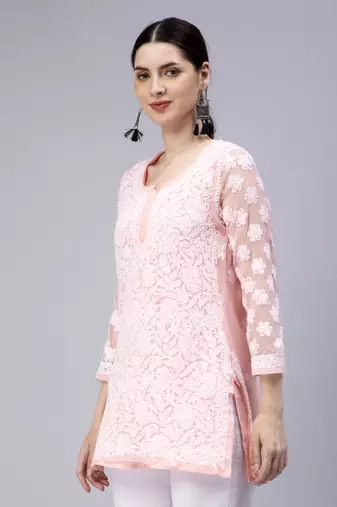 hand embroidered peach georgette lucknowi chikan kurti with slip