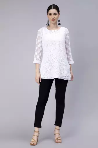 hand embroidered white georgette lucknowi chikan kurti with slip