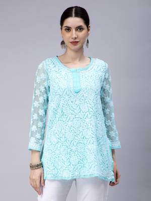 hand embroidered turquoise georgette lucknowi chikan kurti with slip 1