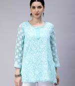 hand embroidered turquoise georgette lucknowi chikan kurti with slip