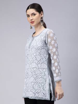 hand embroidered grey georgette lucknowi chikan kurti with slip 3