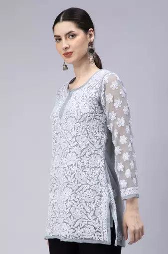 hand embroidered grey georgette lucknowi chikan kurti with slip