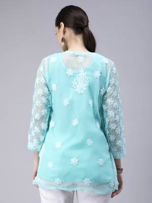 hand embroidered turquoise georgette lucknowi chikan kurti with slip 2
