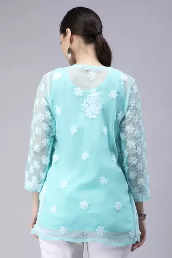 hand embroidered turquoise georgette lucknowi chikan kurti with slip