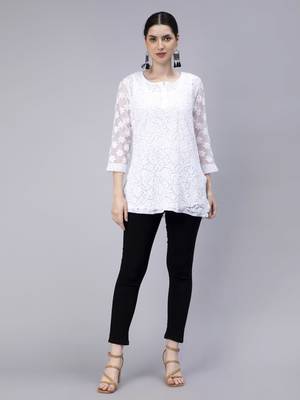 hand embroidered white georgette lucknowi chikan kurti with slip 5