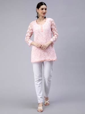 hand embroidered peach georgette lucknowi chikan kurti with slip 5