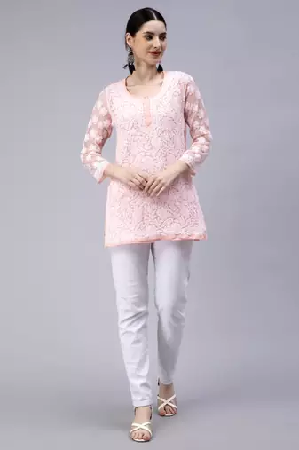 hand embroidered peach georgette lucknowi chikan kurti with slip