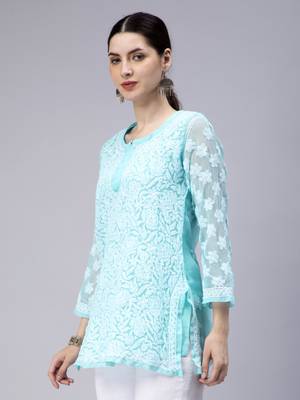 hand embroidered turquoise georgette lucknowi chikan kurti with slip 3