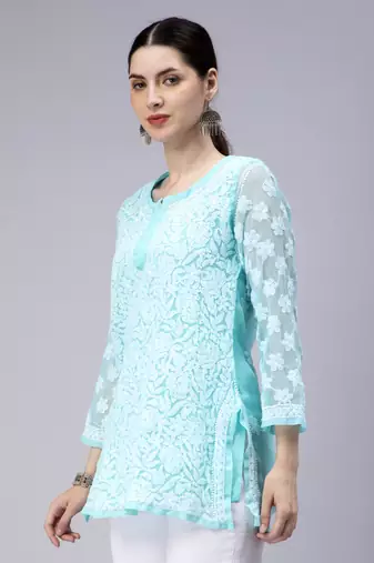 hand embroidered turquoise georgette lucknowi chikan kurti with slip