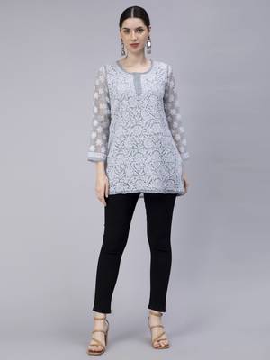 hand embroidered grey georgette lucknowi chikan kurti with slip 5
