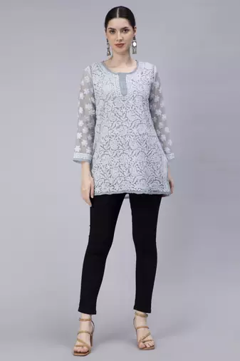 hand embroidered grey georgette lucknowi chikan kurti with slip