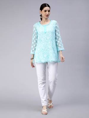 hand embroidered turquoise georgette lucknowi chikan kurti with slip 5