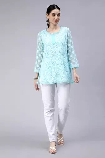 hand embroidered turquoise georgette lucknowi chikan kurti with slip