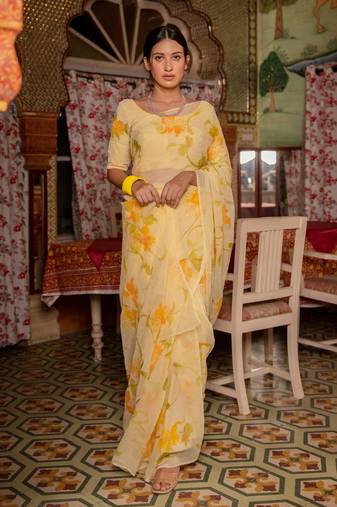 Yellow Hand Painted Mukaish Chiffon Saree