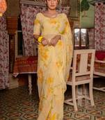 Yellow Hand Painted Mukaish Chiffon Saree