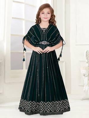 Green Embroidery Georgette Poncho Style Gown Dress For Kids Girls 1