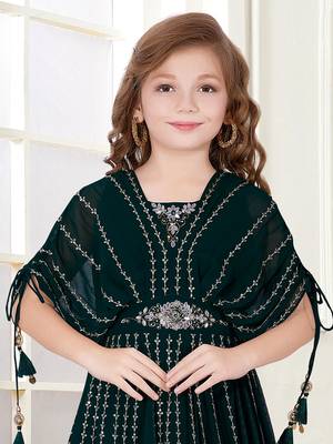 Green Embroidery Georgette Poncho Style Gown Dress For Kids Girls 2