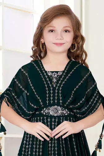 Green Embroidery Georgette Poncho Style Gown Dress For Kids Girls