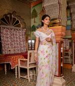 Geroo Jaipur White Hand Painted Mukaish Work Chiffon Saree