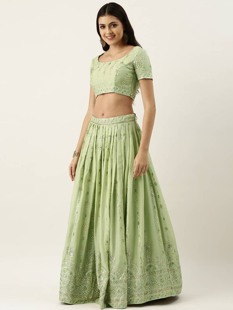 Panchhi Pista Green Pure Georgette Embroidered Semi-Stitched Lehenga & Unstitched Blouse, Dupatta