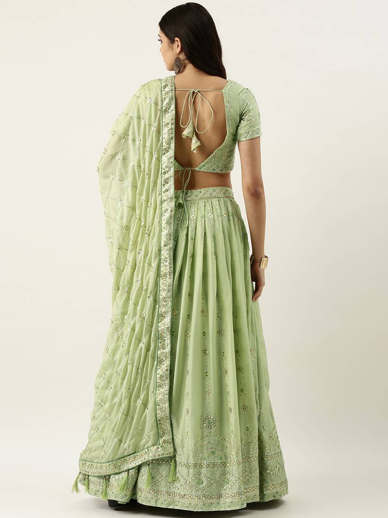 Panchhi Pista Green Pure Georgette Embroidered Semi-Stitched Lehenga & Unstitched Blouse, Dupatta
