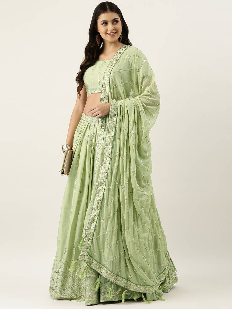 Panchhi Pista Green Pure Georgette Embroidered Semi-Stitched Lehenga & Unstitched Blouse, Dupatta