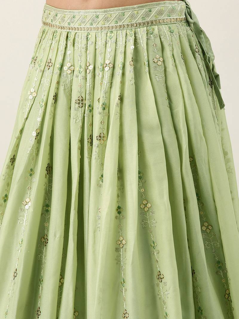 Panchhi Pista Green Pure Georgette Embroidered Semi-Stitched Lehenga & Unstitched Blouse, Dupatta